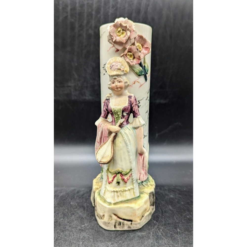 Antique Majolica Vase W/ Female Musician Lute Figurine Flower 8.75"